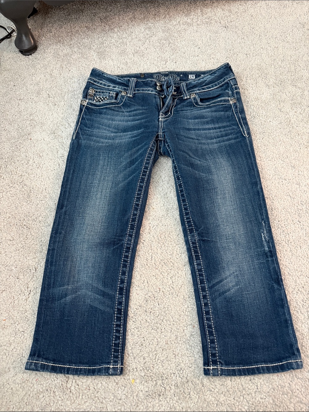 Miss Me Indigo Cropped Capris with Embellished Pocket Trim